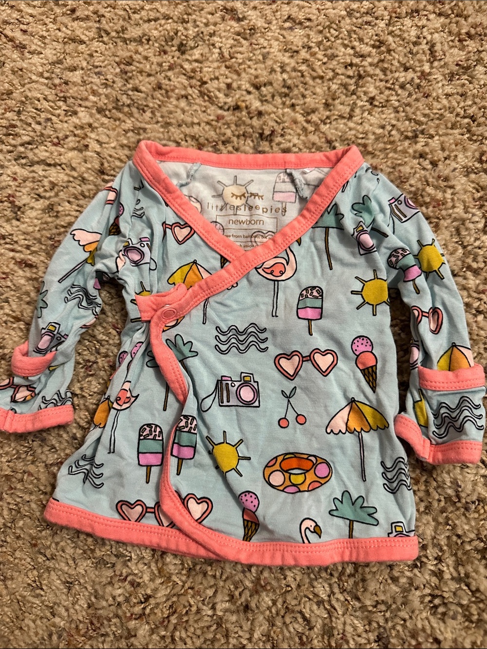 Little Sleepies Light Blue Wrap Top with Coral Trim and Summer Icons Size NB